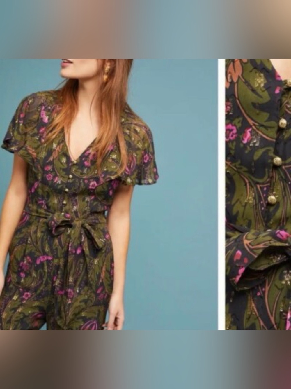 Anthropologie Olive Brenda Green Floral Jumpsuit with Pink Accents Sz 2 - Picture 4 of 11